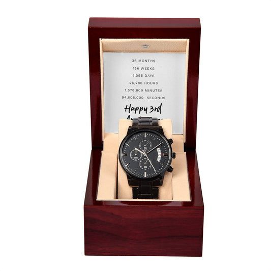 To My Husband - Happy 3rd Anniversary Best Gift - Black Chronograph Watch